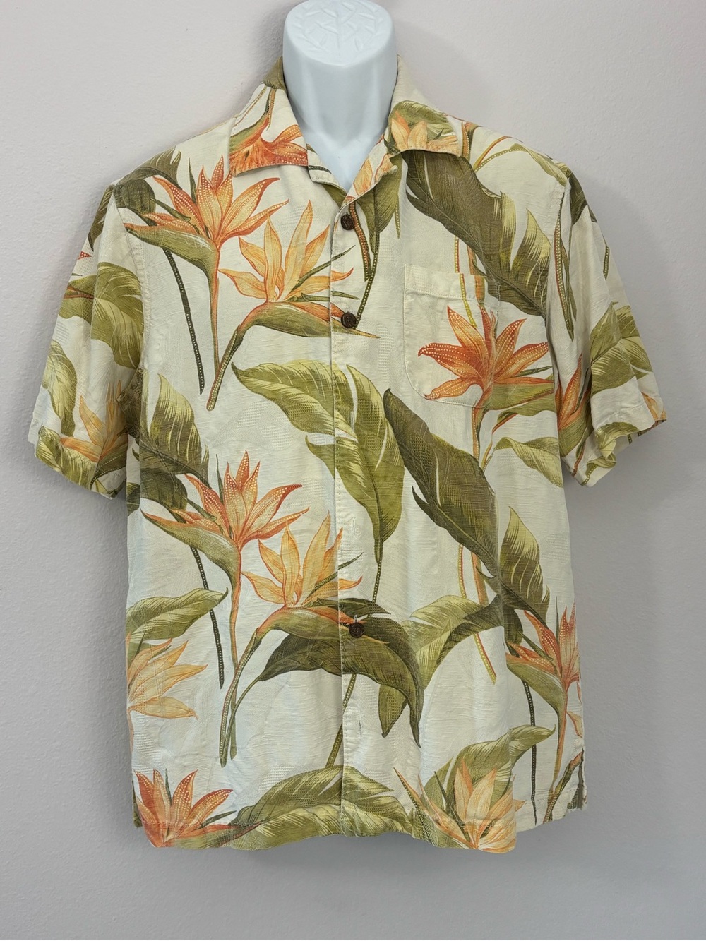 TOMMY BAHAMA Tropical Cream, Orange, Green Silk Button Down Shirt Size M